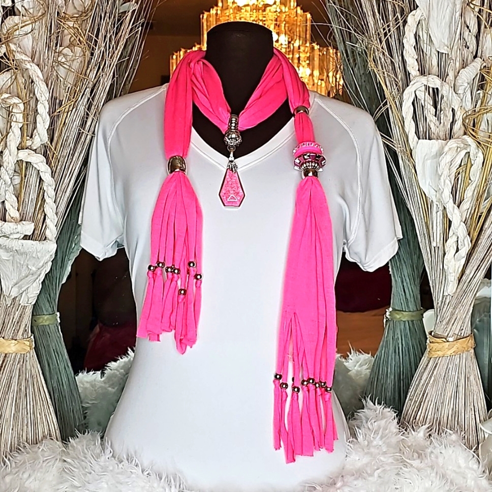 Custom Designed Pink Scarf with Rhinestones & Charms. Women's Size: OS Fits All.